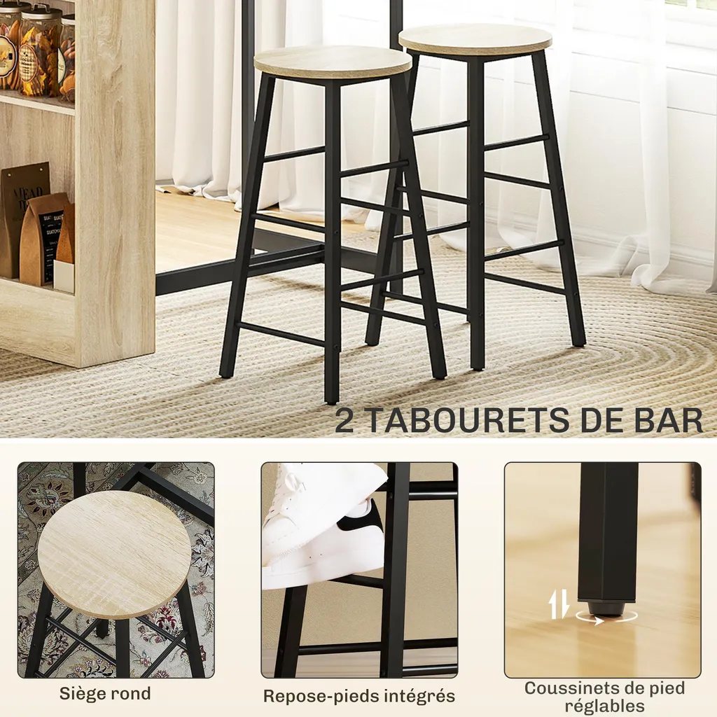 Mange-Debout avec 2 Tabourets et Compartiments de Rangement, Bois et Noir - 7
