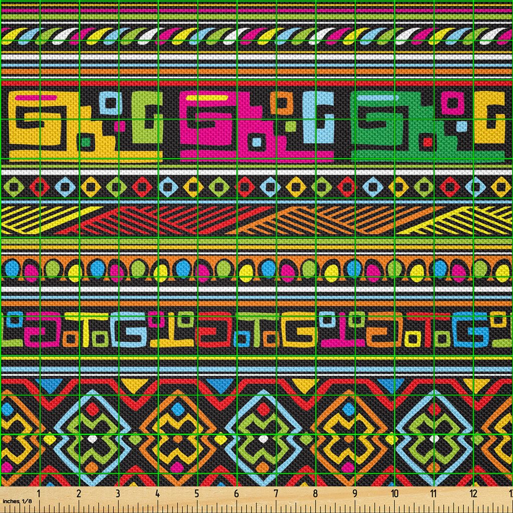 ABAKUHAUS afrikanisch Satin Stoff als Meterware, Alte Ancestral Borders in lebendigen Farben Geometrische indigene Kultur Art Design, 5 M (148 x 50...