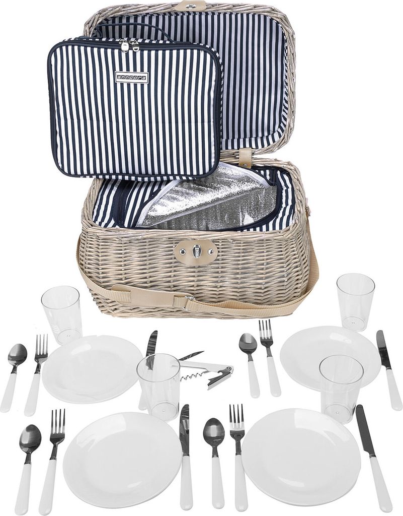 Picknickkorb aus Weide geflochtenIsolierfach 21 teilig Picknick für 4 - blau-weis-gestreift