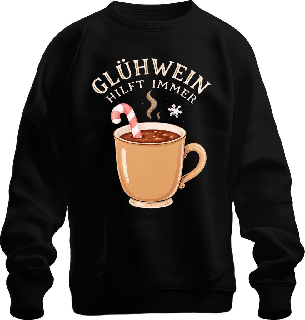 Glühwein hilft immer Weihnachtsmarkt Winter Geschenk Zuckerstange Uni Sweatshirt Pullover, Schwarz, 3XL
