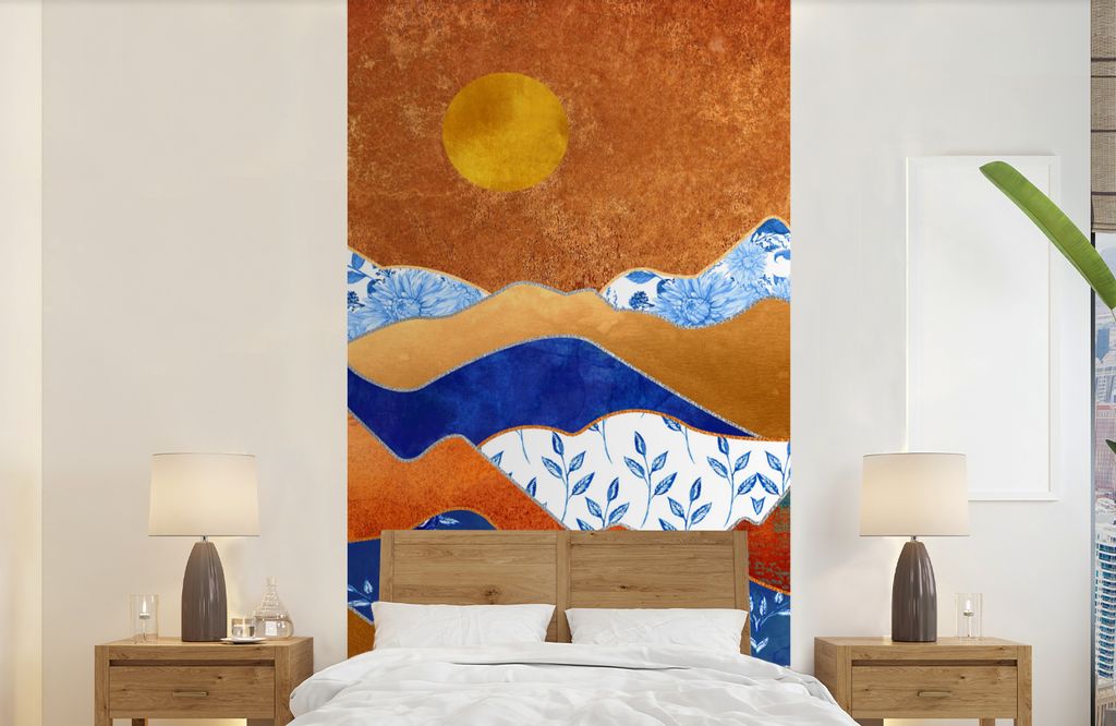 MuchoWow Fototapete für Wohnzimmer oder Schlafzimmer Wandtapete Vinyl Motivtapete Delfter Blau - Gold - Blumen - 120x240 cm - Hintergrundbild