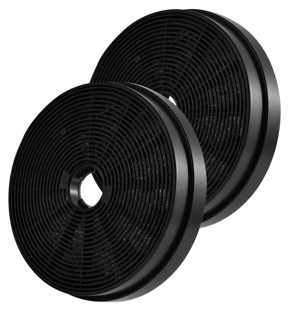 Two round charcoal filters for a range hood.