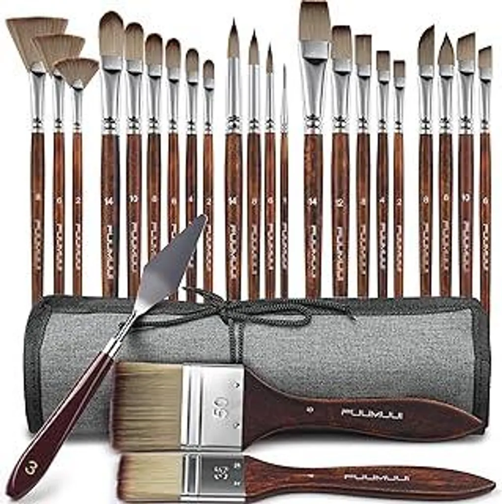 Set di pennelli per colori acrilici - 25 pezzi Pennelli sintetici premium per artisti con custodia organizzativa e spatola per acrilico, acquerello, olio, guazzo, pittura su pietra | nessuna perdita di peli | Pennelli per acrilico, pennelli per olio - 1