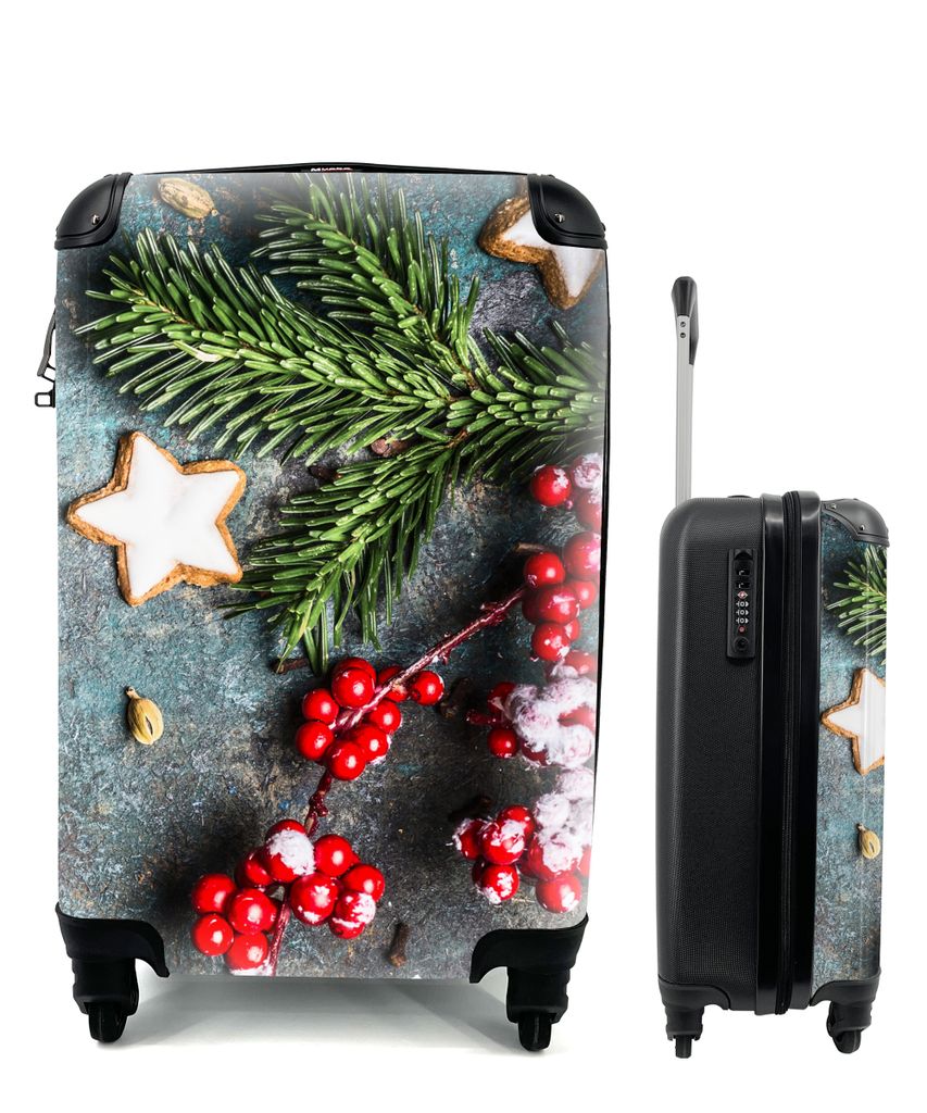 MuchoWow Koffer Handgepäck Trolley Rollkoffer Kleine Reisekoffer mit 4 Rollen - Weihnachten - Rustikal - Zweige - Sternanis - Beeren - Rot - Cab...