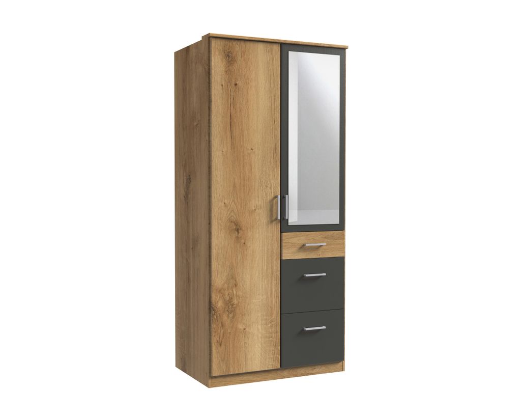 Kleiderschrank Click in Plankeneiche mit Grafit - Kleiderschrank 91 cm Breite mit Spiegel