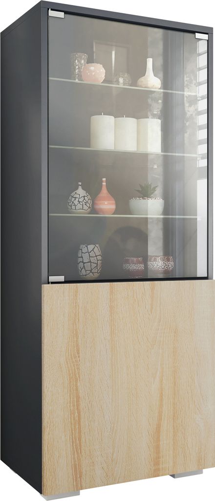 Vladon Vitrine Granada, Germany, Vitrinenschrank mit Glastür und Glaseinsatz, Anthrazit matt/Eiche sägerau (50 x 122,5 x 34,5 cm)