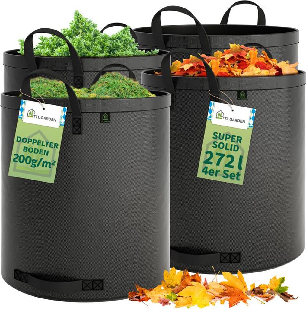 TTL GARDEN 4x 272L Gartensack SUPER SOLID schwarz – Laubsack mit Doppelboden