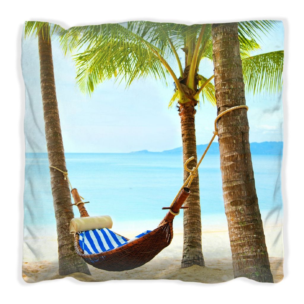 Wallario Premium Kissen, weiche Oberfläche, mit Motiv Hängematte in der Karibik, Größe: 40 x 40 cm, mit weißer Rückseite