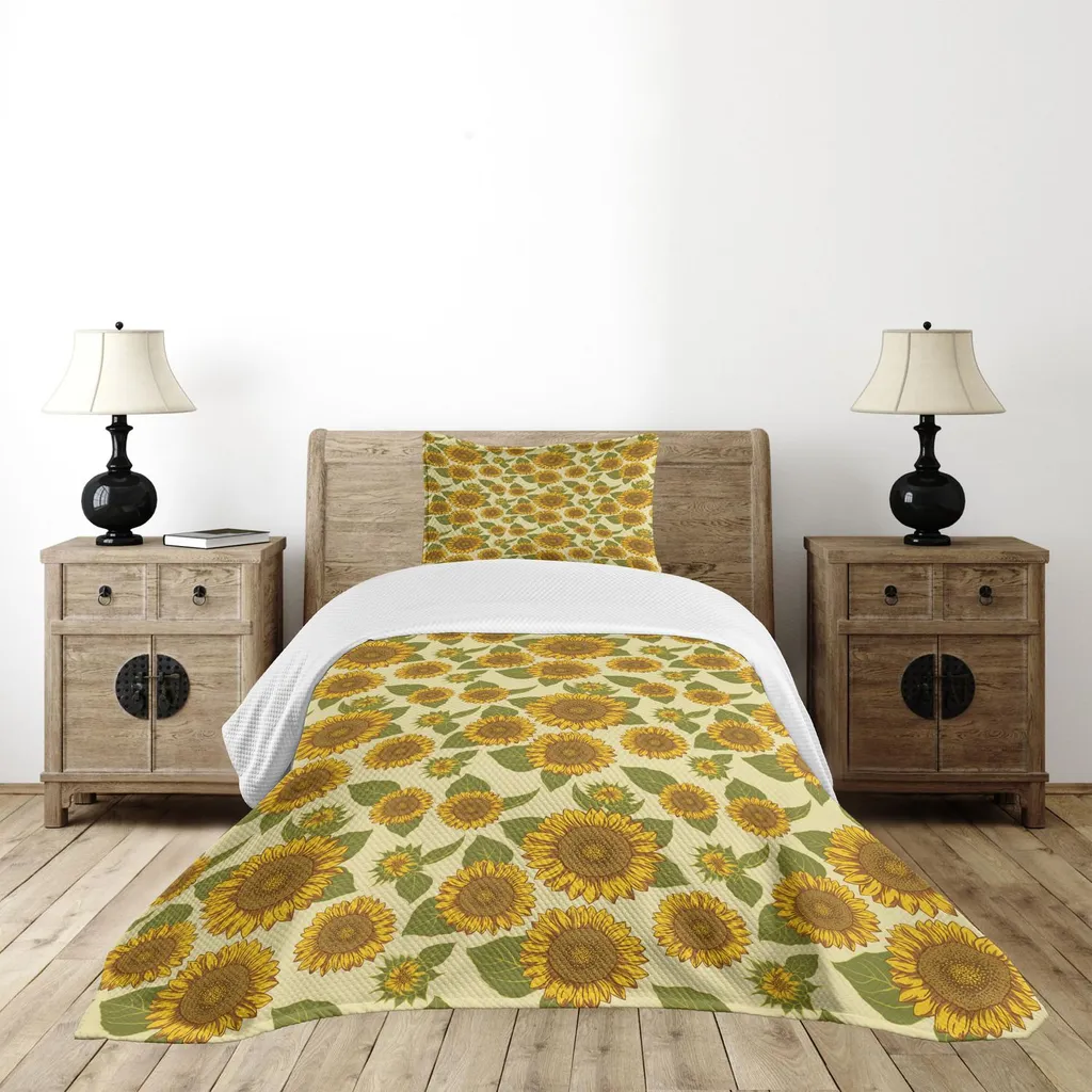 Set copriletto ABAKUHAUS Girasole, stile funky Girasole in colori pastello Stampa vintage nostalgica vecchio stile, 170 x 220 cm, verde giallo