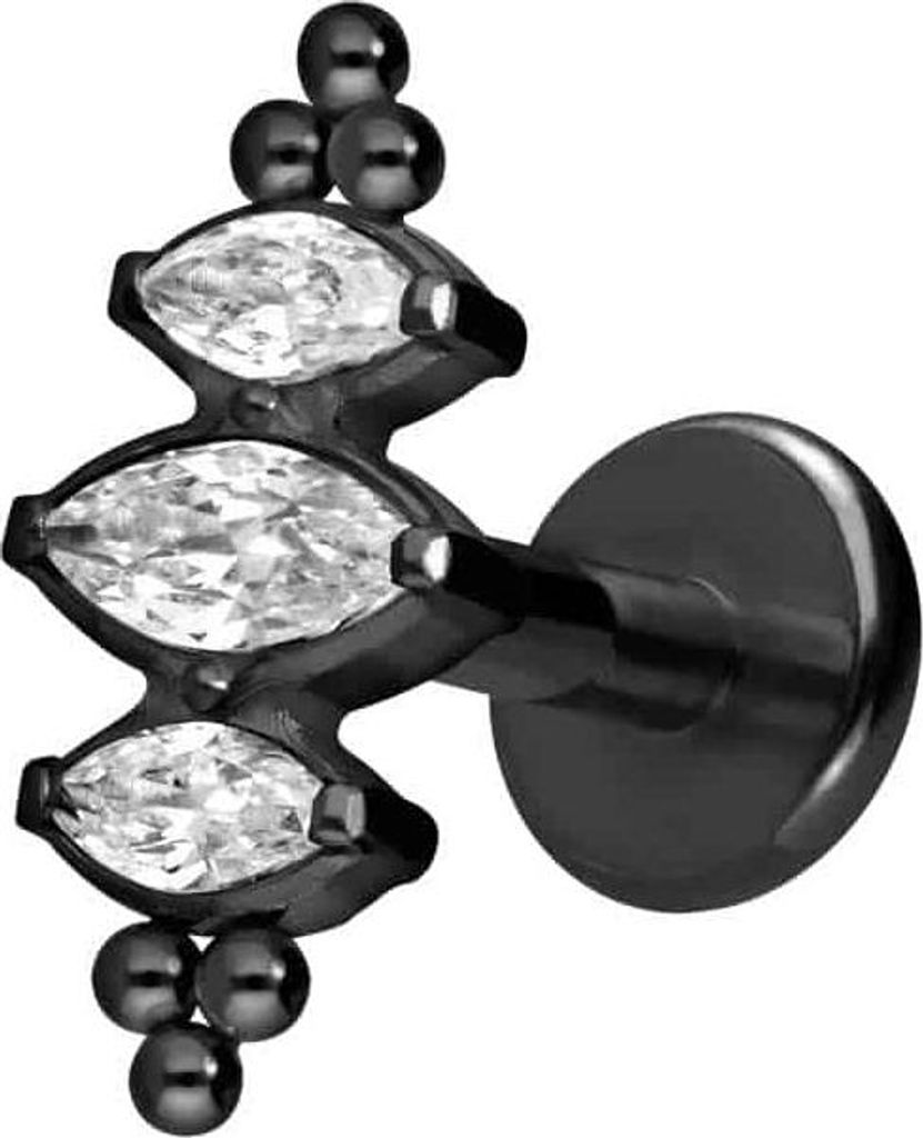 Ohrpiercing, Nasenpiercing Titan Labret mit Innengewinde 3 KRISTALLTROPFEN + KUGELN Schwarz Stablänge: 8mm | Stabstärke: 1,6mm