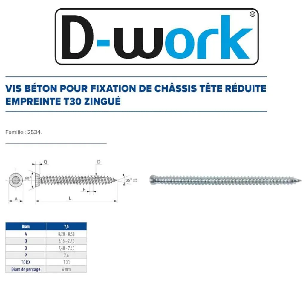100 Vis Béton D-Work 7.5 x 112 mm T30 Tête Réduite Acier Zingué Blanc
