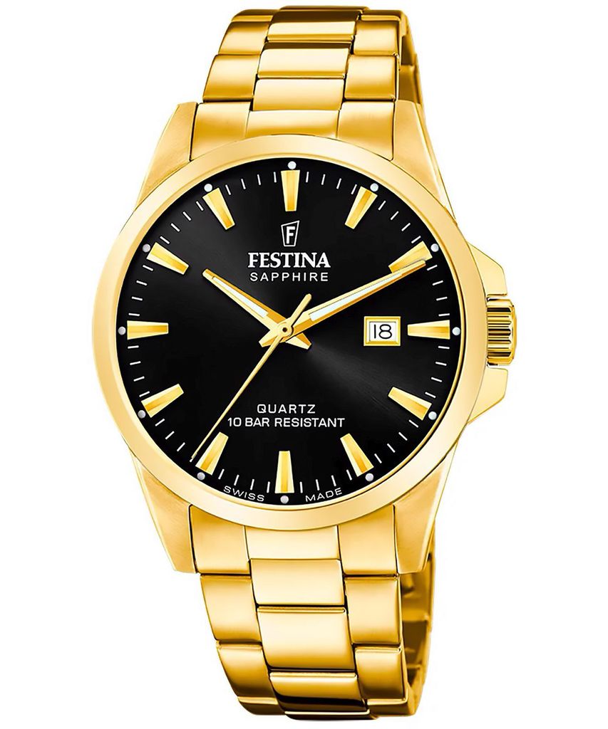 A close-up studio shot of a gold Festina watch with a black dial.