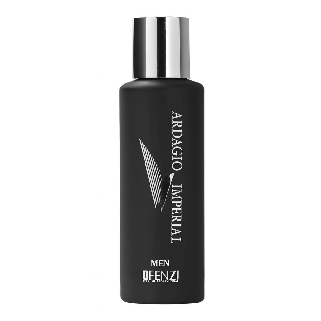 A black bottle of perfume with a silver cap.