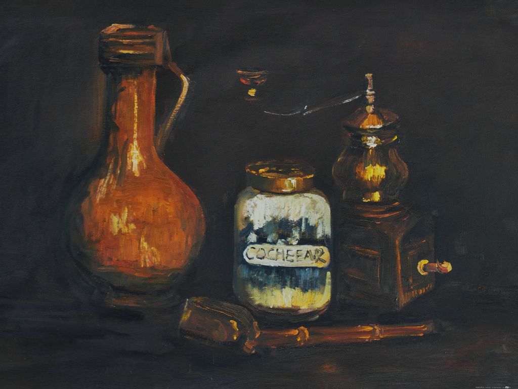 Vincent Van Gogh Kunstdruck Bild - Stillleben Mit Bartmannkrug, Kaffeemühle Und Pfeifenetui, 1884 (60 x 80 cm)