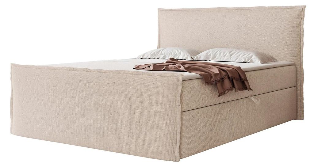 Boxspringbett LIZIO 140x200 Ohren-Kopfteil Bettkasten Bonellmatratze Hellbeige