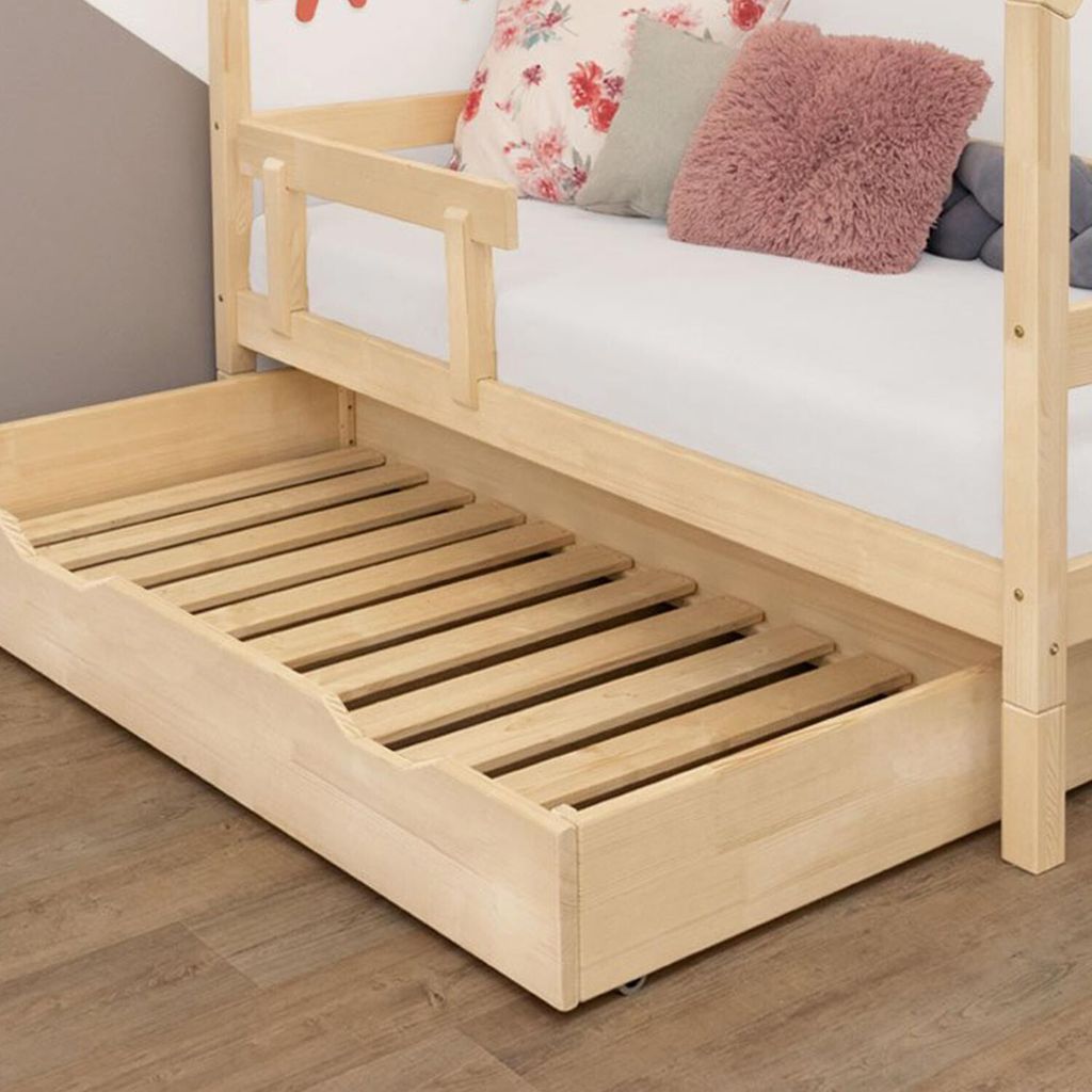 Under Bed Wooden Drawer with two cutouts BUDDY on Wheels - Transparent oil - With slack and full bottom - 80 x 140 cm (under bed 80 x 160 cm)