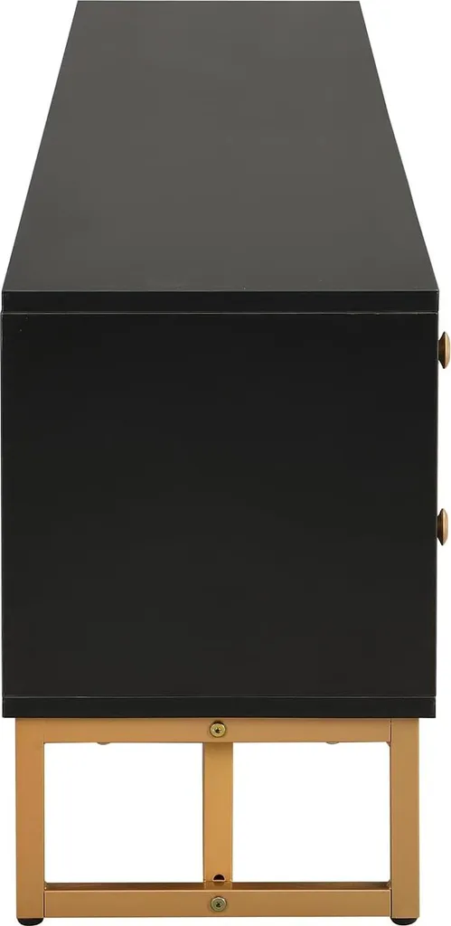 Armoire TV basse noire chic à portes structurées et finitions dorées