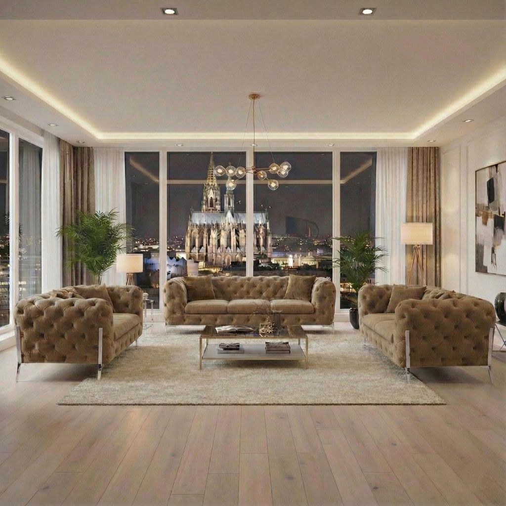 Sofa Monaco, zeitlose Eleganz mit edler Knopfheftung in m Samt Spar-Set, 3-Sitzer + 2-Sitzer + Sessel / Farbe: Chromfarben | Beige