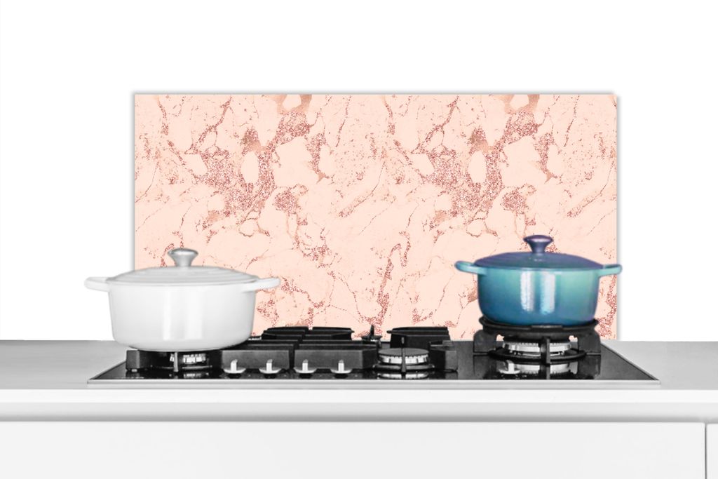 KitchenYeah Spritzschutz Küche - Küchenrückwand - Wandschutz für Herd und Spüle - Marmor - Roségold - Muster - Chic 90x45 - Alu-Dibond (Al...