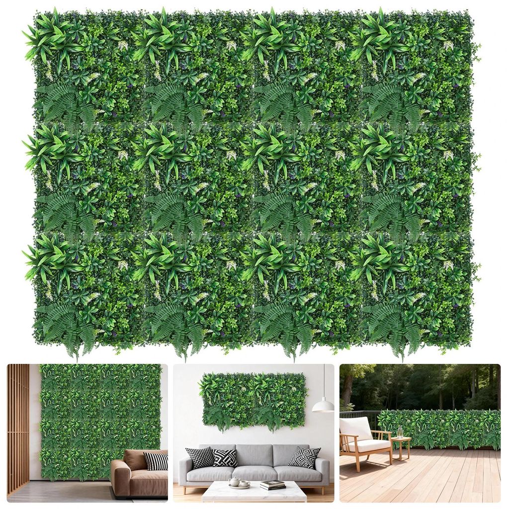 Kunstrasen Wandpaneele - 12er Set Zaunmatten - 50x50 cm - Künstliche Hecke Sichtschutz - Outdoor Wanddeko Hintergrund - Grün