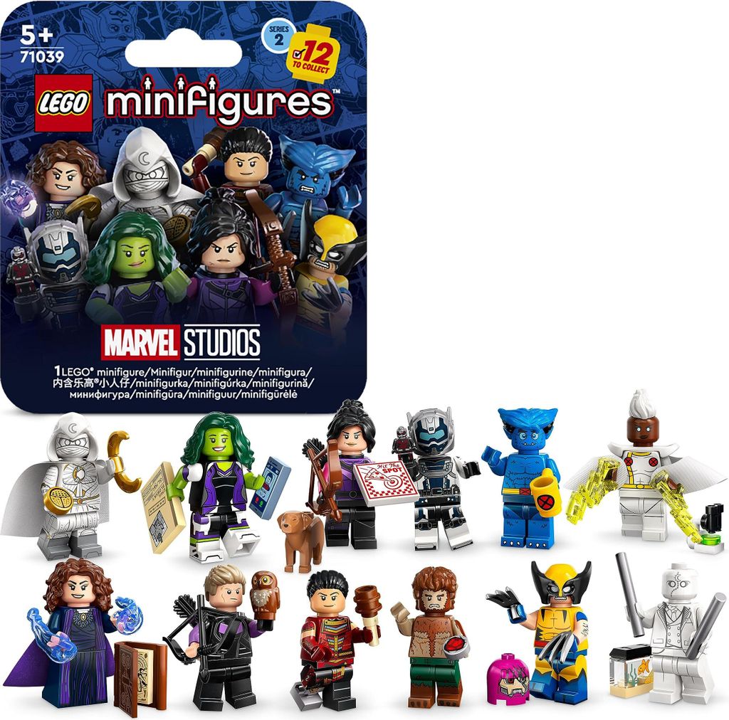 A collection of LEGO Marvel minifigures and their packaging.