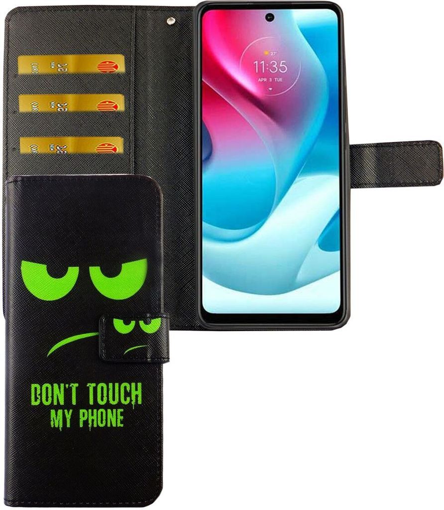 Motorola Moto G60S Tasche Handy Hülle Schutz-Cover Flip-Case mit Kartenfach, Farbe:Dont Touch My Phone Grün