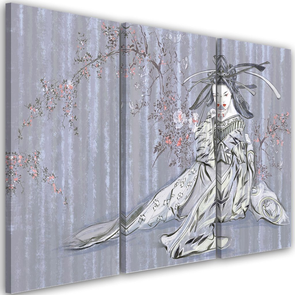 Triptychon auf leinwand traditionelle japanische geisha 120x80 cm Feeby blau wandbild bereit zum aufhängen