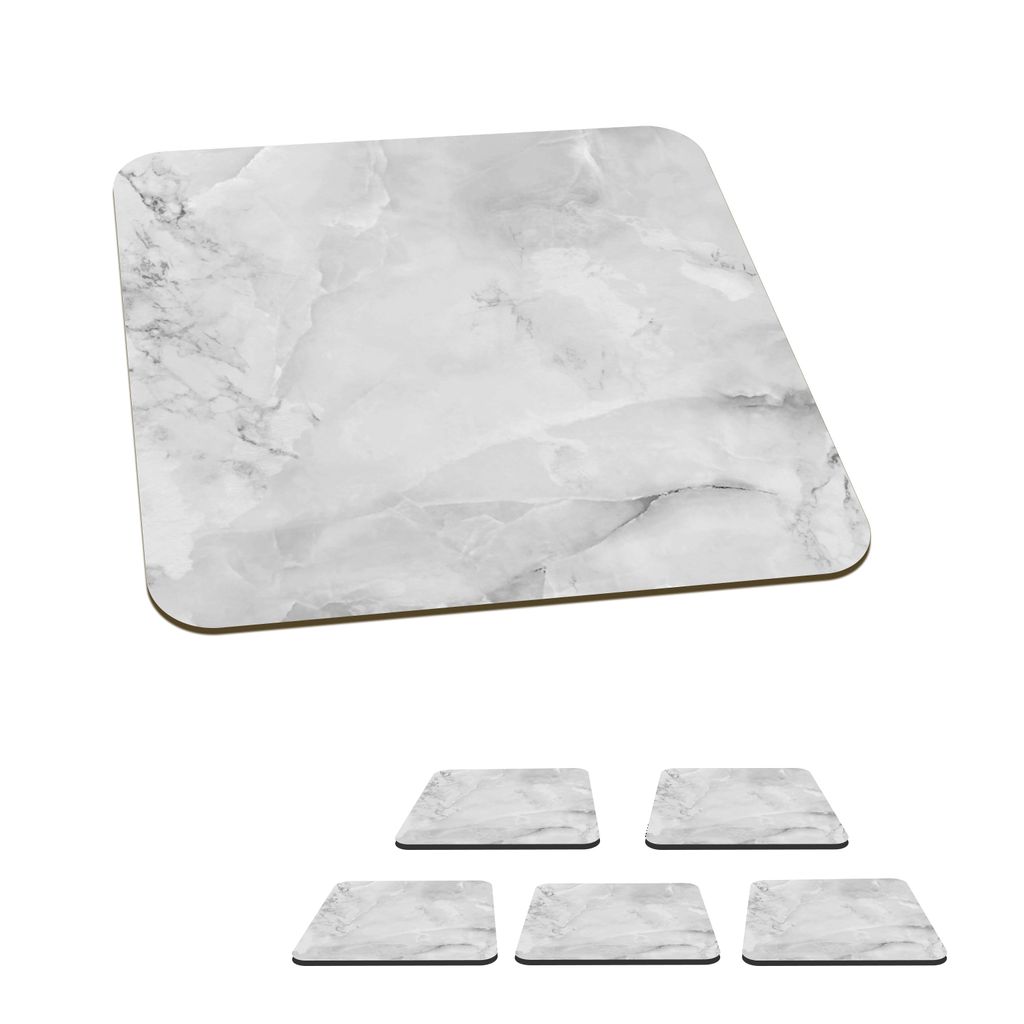 KitchenYeah Glasuntersetzer Quadratisch 6er Set Marmor - Stein - Weiß - Grau - Marmoroptik 10x10 cm Untersetzer für Gläser - Getränkeunterse...