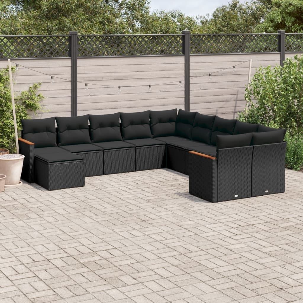 11-tlg. Garten-Sofagarnitur mit Kissen Schwarz Poly Rattan 3258968