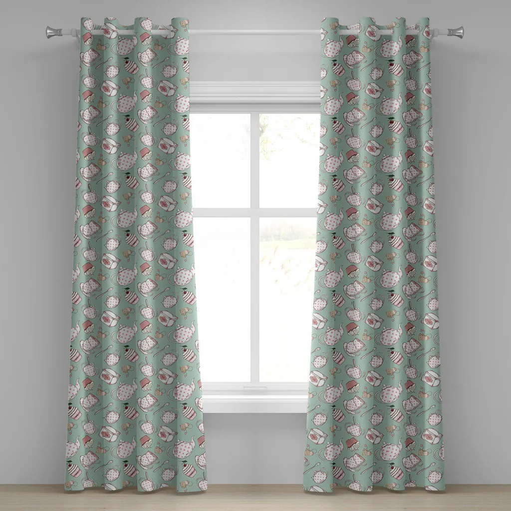Rideau Prêt à Poser Anti-Vis-à-Vis 280x175 cm Motifs Tea Party Vert