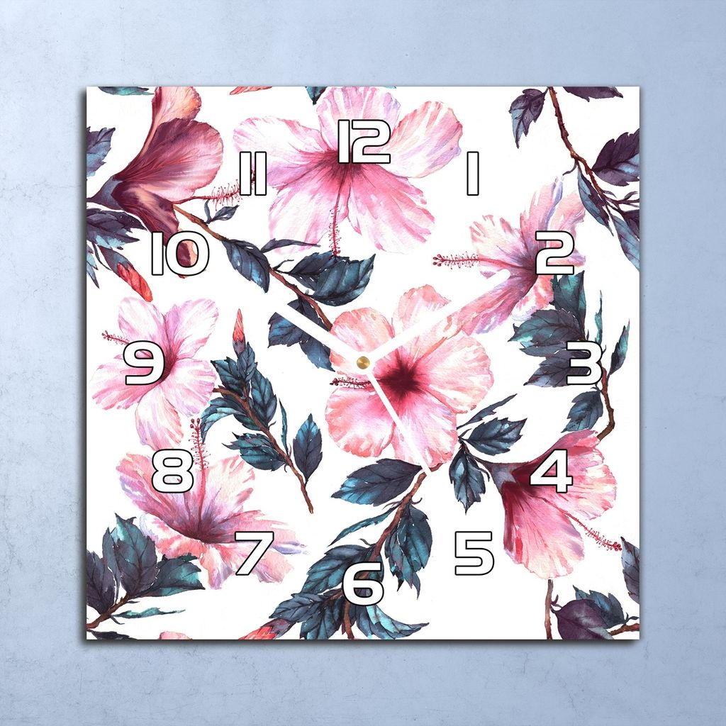 Deko Glasuhr Wanduhr 30x30 Rosa Hibiskus Quarz Küchenuhr Bürouhr