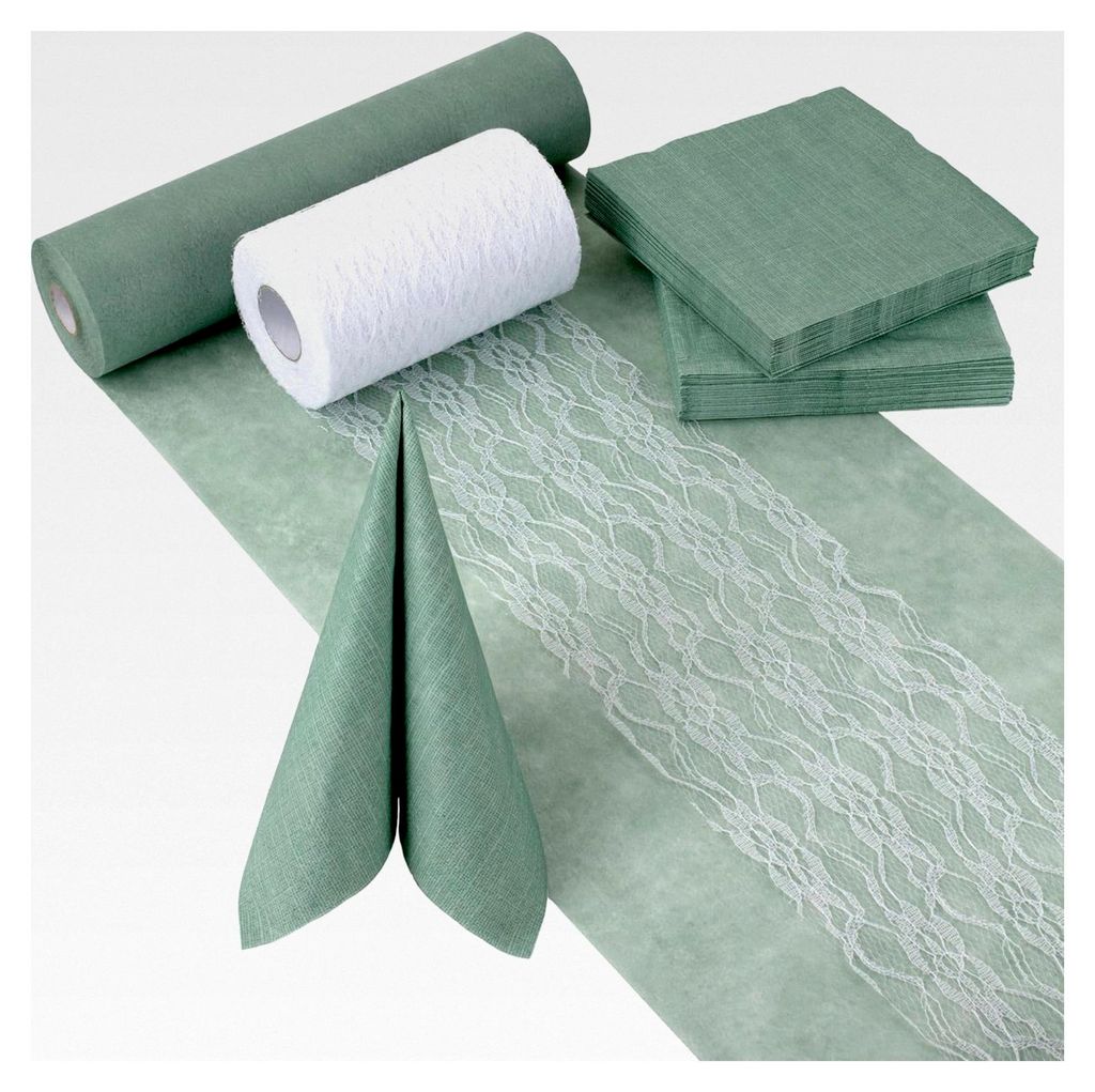 Tischdeko-Set – Eukalyptus Grün & Weiß – Dekorative Tischbänder und Servietten für Taufe, Kommunion, Konfirmation, Hochzeit und Geburtstag ...