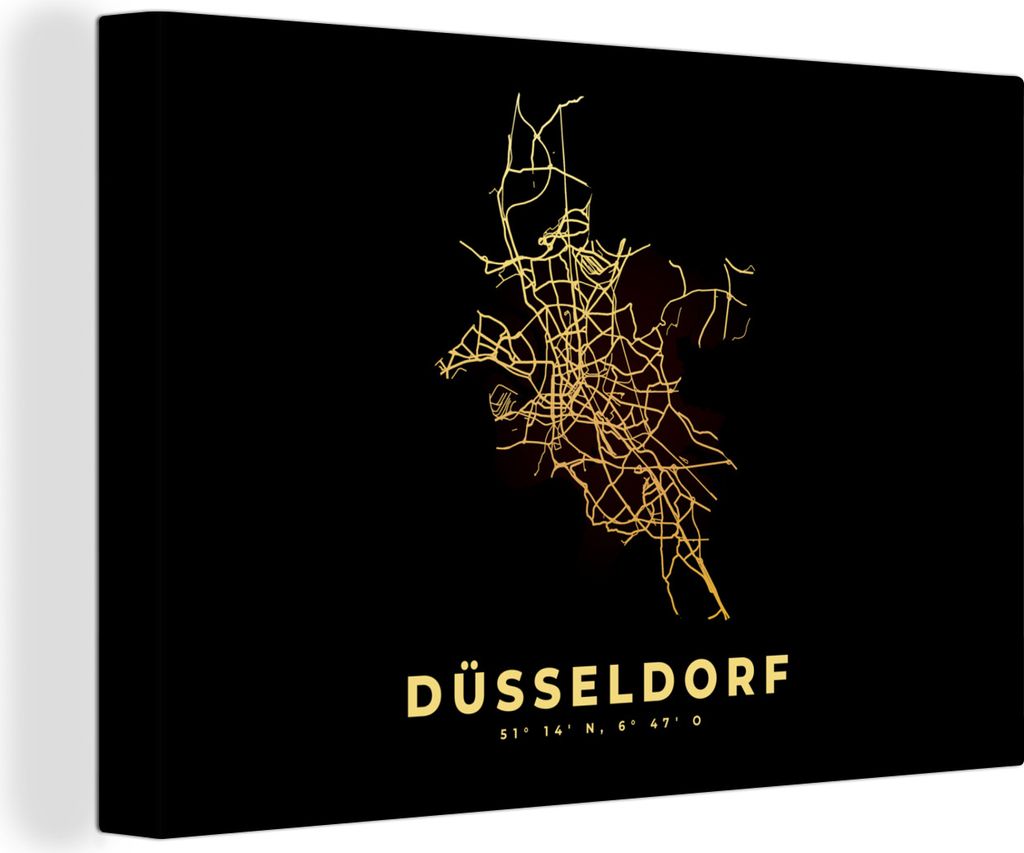 OneMillionCanvasses - Leinwandbilder - 150x100 cm, Gold - Düsseldorf - Karte - Stadtplan - Wegbeschreibung, Wandbilder Kunstdruck Wanddekoration...