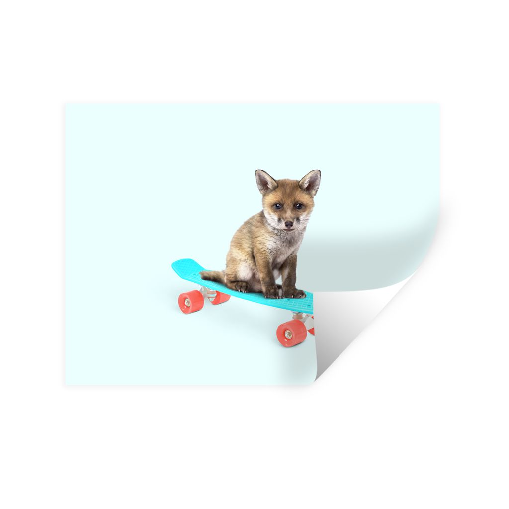 MuchoWow Wandtattoo Wandsticker Wandaufkleber Fuchs - Tiere - Skateboard - Blau 160x120 cm Selbstklebend und Repositionierbar - Selbstklebend - F...