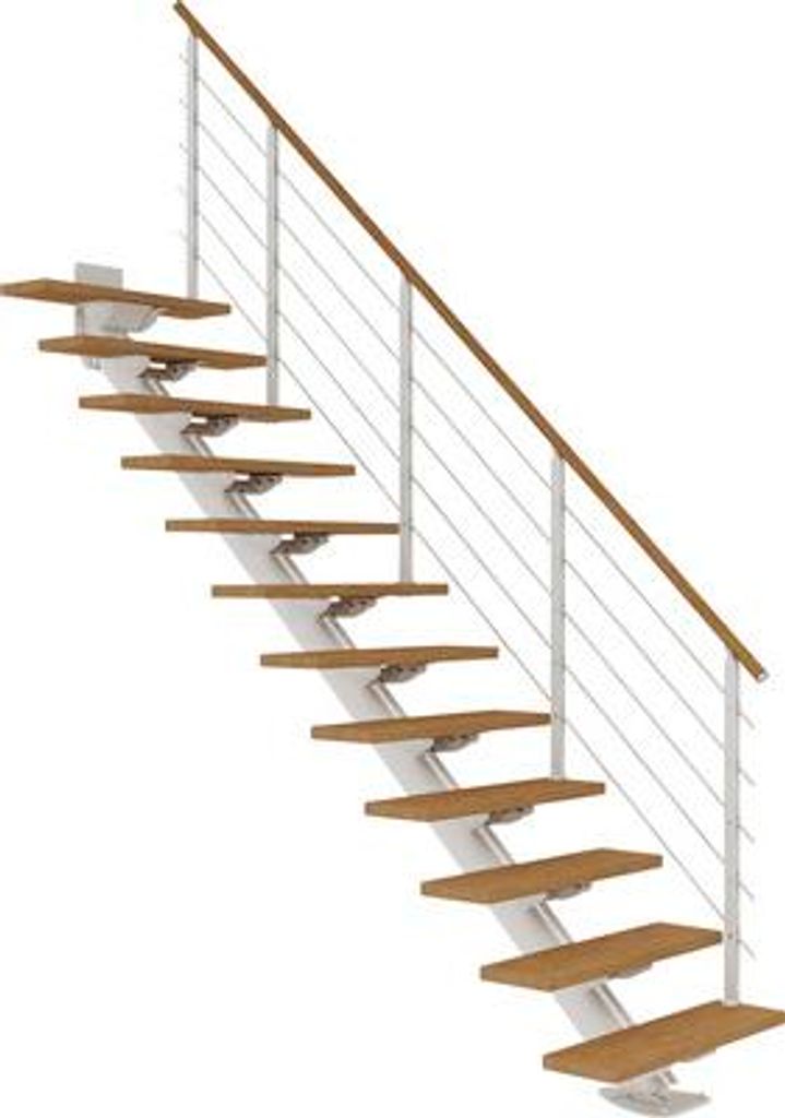 Pertura Mittelholmtreppe Zelos Eiche Leimholz Weiß Gerade 75 cm 12 Stufen / 13 Steigungen Seilgeländer Reinweiß RAL 9010