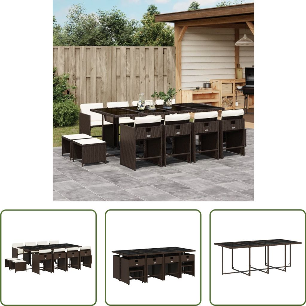 The Living Store 13-tlg. Garten-Essgruppe mit Kissen Braun Poly Rattan