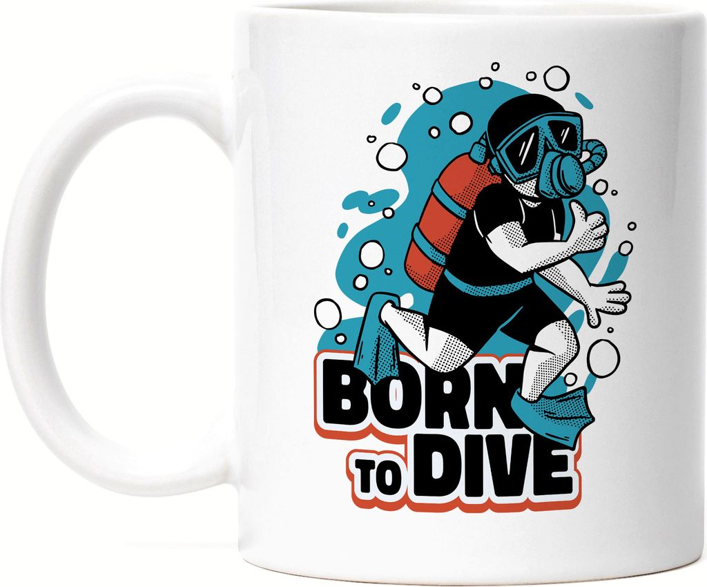 Born To Dive Tasse Weiß Fische Tauchen Meer Gewässer Ozean Wasser Schwimmen Taucher Neoprenanzug Taucherbrille
