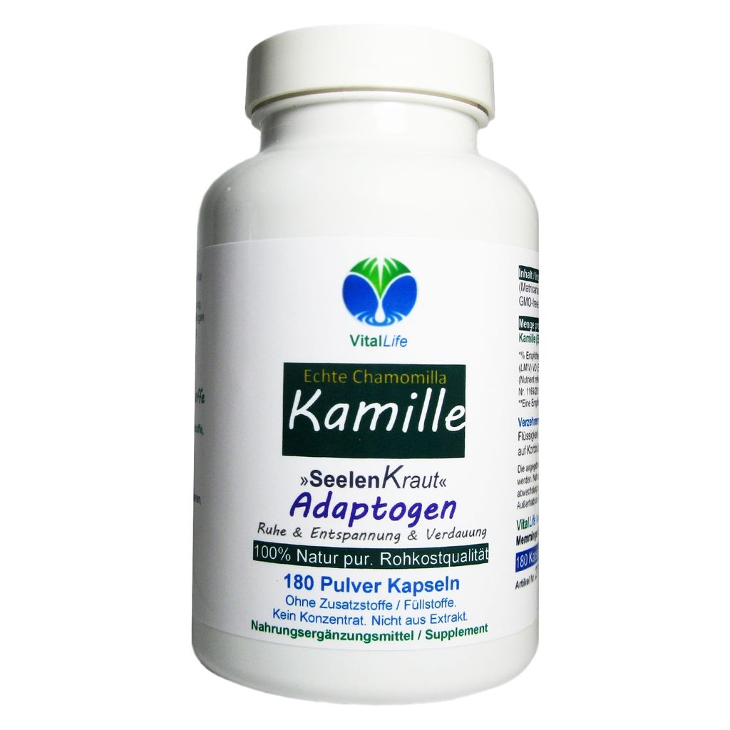 Kamille Kamillenblüten 180 Kapseln MAGEN - DARM - VERDAUUNG - ENTSPANNUNG - Natürliches Adaptogen - 100% NATUR PUR! OHNE ZUSATZSTOFFE!