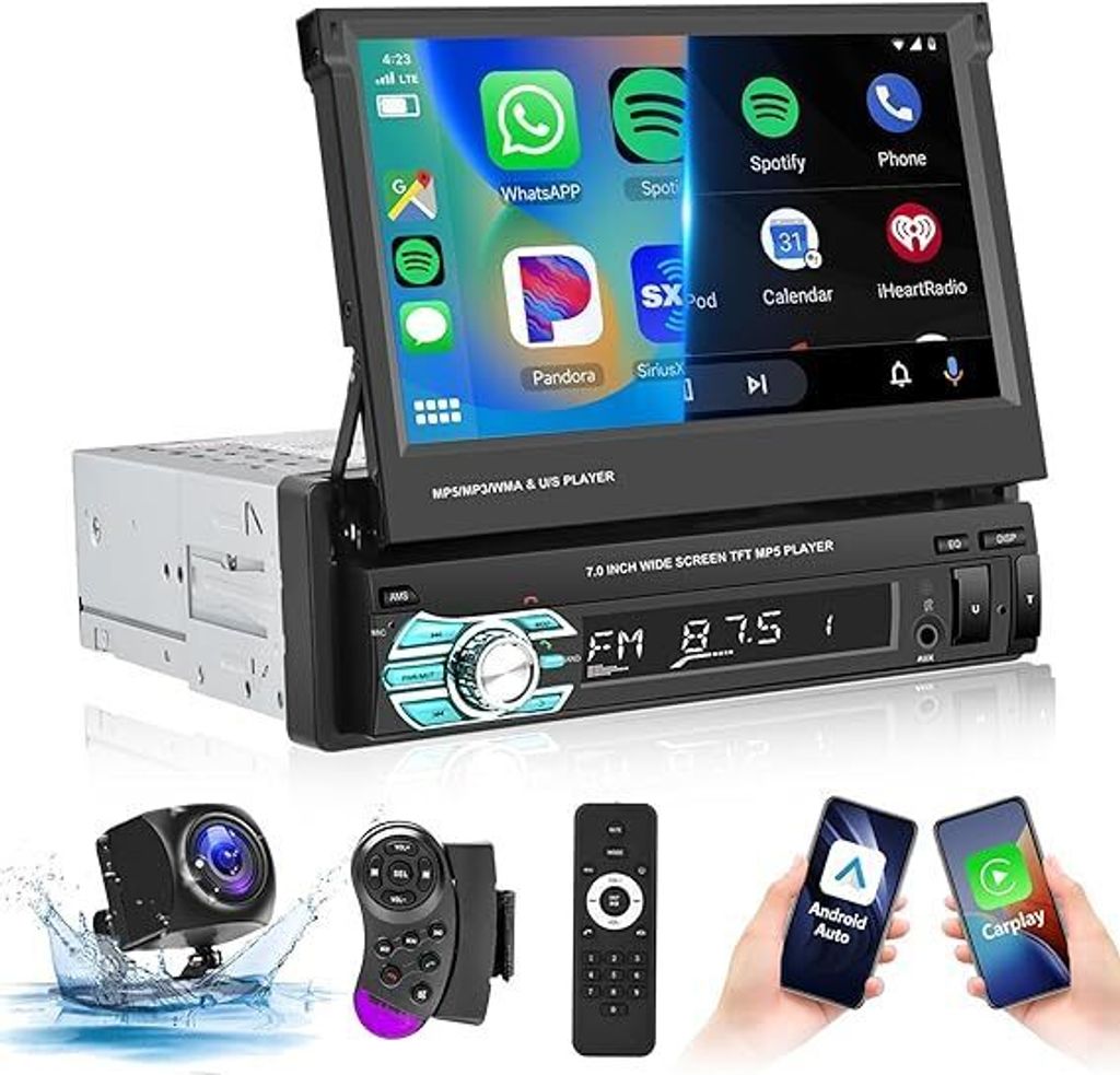 Carplay 7''Autoradio 1 Din Android Auto/Mirror Link mit Bildschirm Bluetooth/EQ/FM Radio mit Fernbedienung USB/Lenkradsteuerung/AUX/MIC/SD+AHD Kamera
