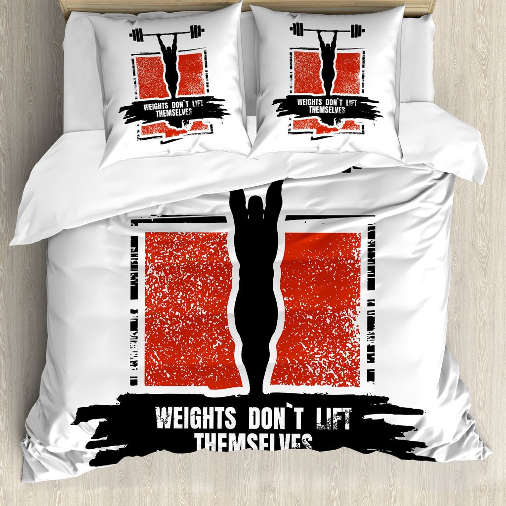 ABAKUHAUS Fitness Bettbezug, Bodybuilder Barbell, Milbensicher Allergiker geeignet mit Kissenbezügen, 200 cm x 200 cm - 80 x 80 cm, Rot Schwarz Weiß