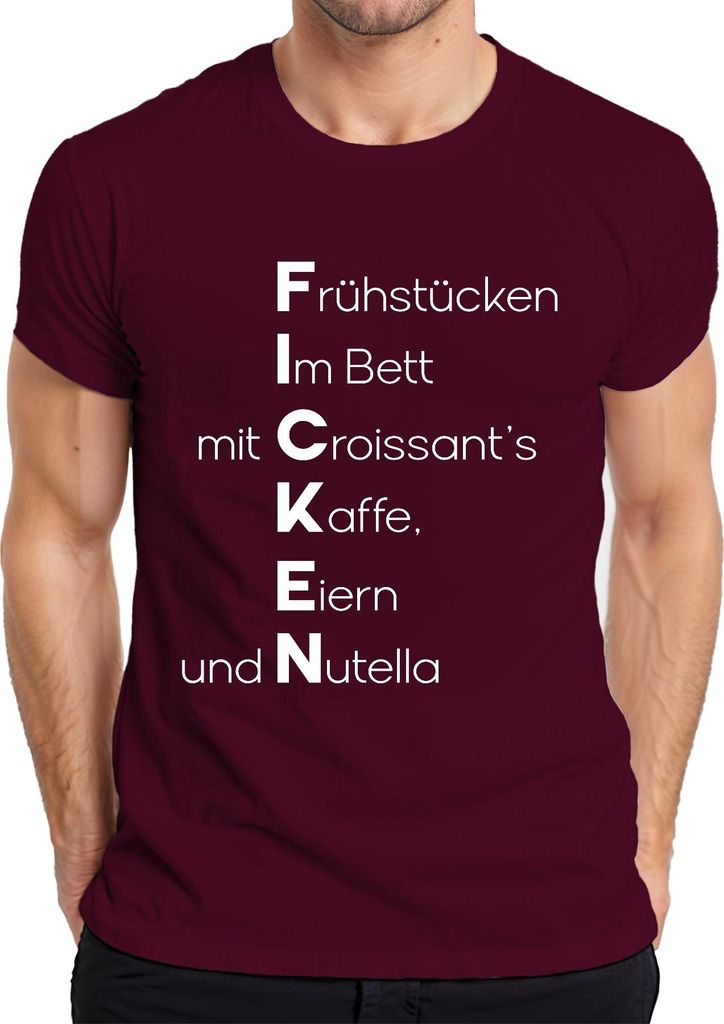 Frühstück im Bett mit Croissant Kaffee Schokocreme Lustig Spruch Herren T-Shirt, Burgundy, XL