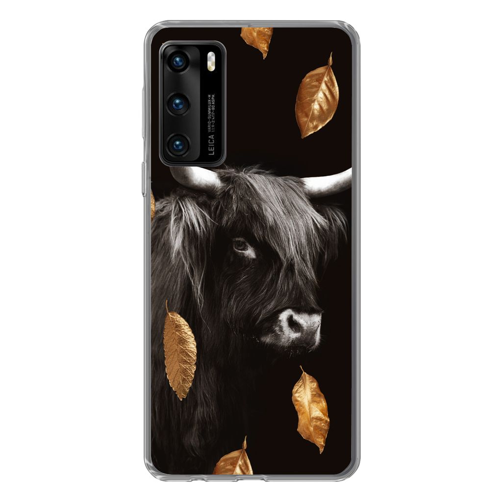 MuchoWow Handyhülle Schutzhülle Hülle für Huawei P40 Schottischer Highlander - Blätter - Gold - Schwarz Silikon Softcase Handy Hülle - Hand...