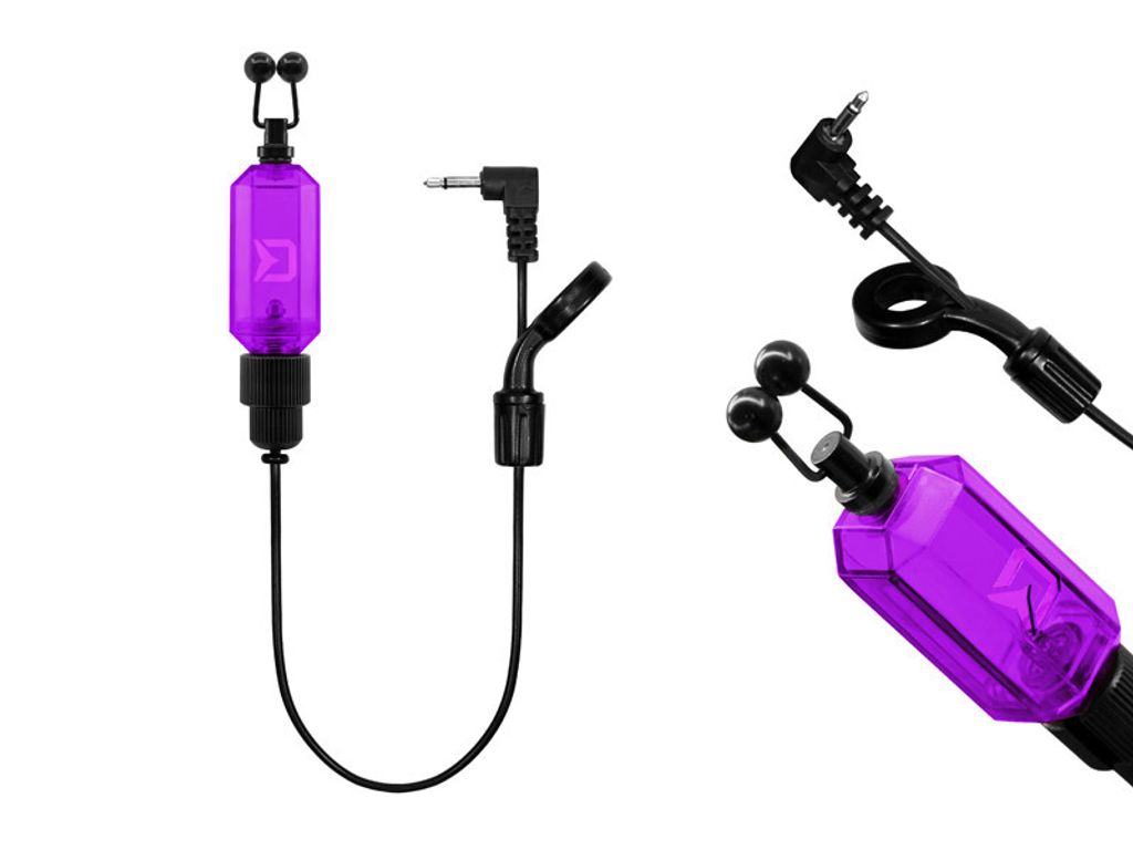 A fishing bite alarm with a purple translucent body and black components, shown against a white background.