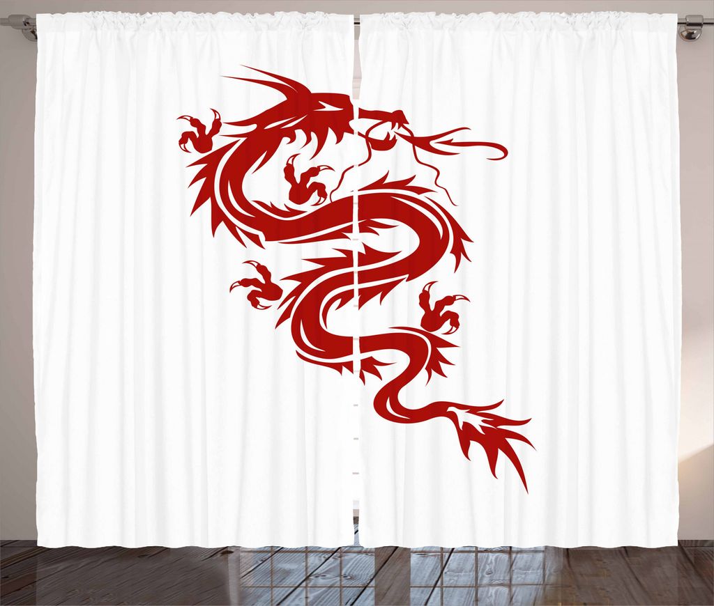 ABAKUHAUS Drachen Rustikaler Vorhang, Fantasie Fiery Character Art, Wohnzimmer Universalband Gardinen mit Schlaufen und Haken, 280 x 245 cm, Weiß ...