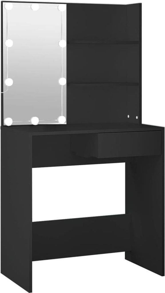 A black vanity table with a mirror and LED lights.