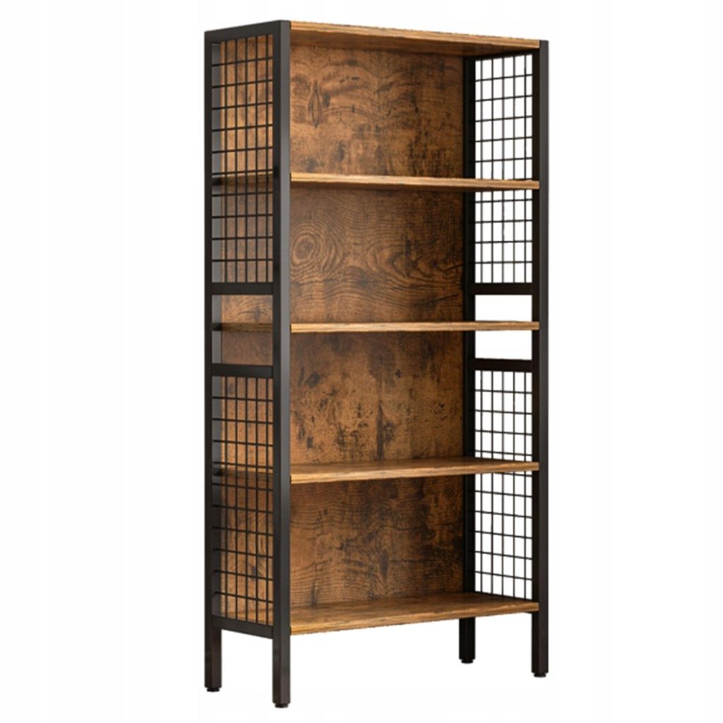 A tall, industrial-style bookshelf with wooden shelves and black metal framing.