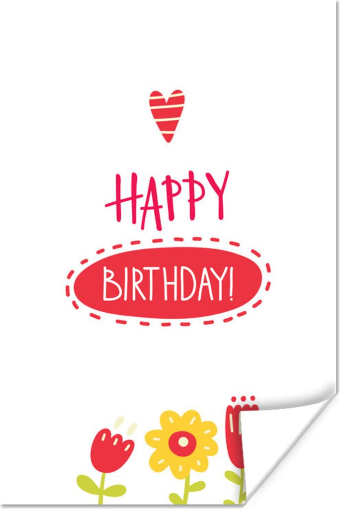 MuchoWow Poster Illustration mit dem Zitat "Happy Birthday" und Blumen 60x90 cm - Wanddekoration