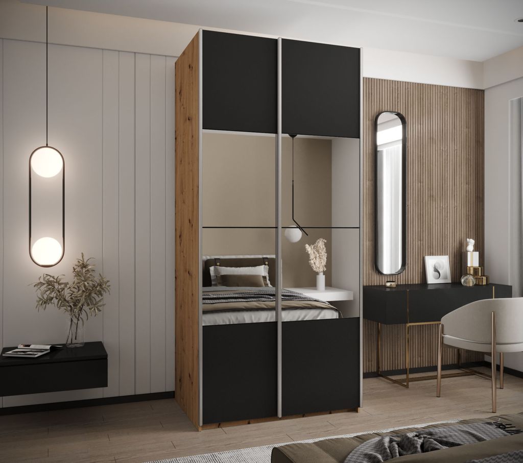 Zweitüriger Kleiderschrank SAMARA 4 - 120 cm, Eiche handwerklich / Schwarz / Silber