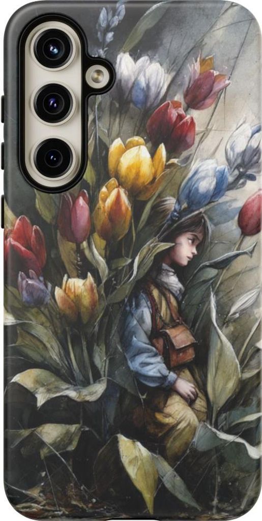 Mädchen zwischen bunten Tulpen – Handyhülle Kompatibel mit Galaxy S24 Plus