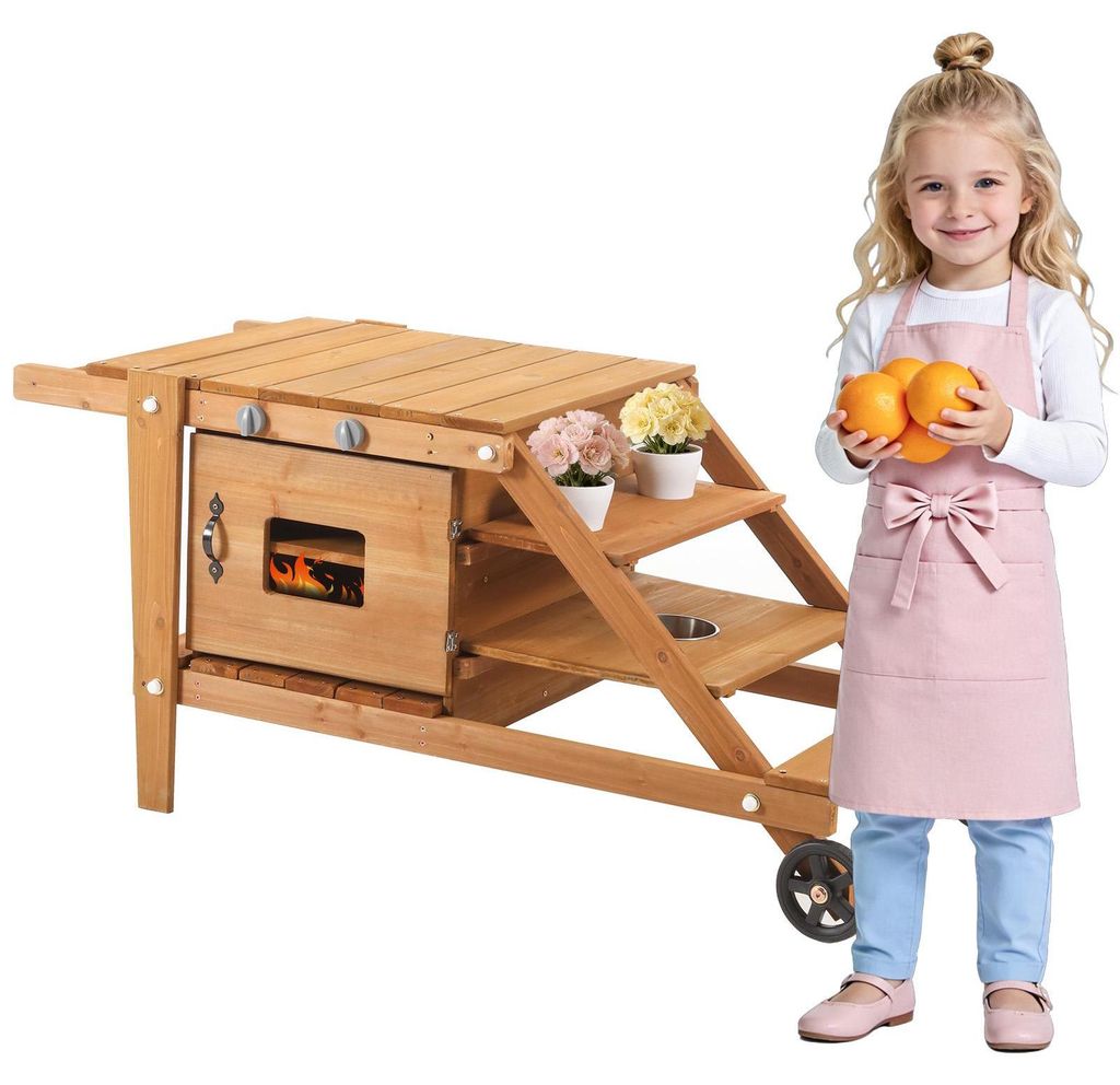 Zimilo Outdoor Matschküche für Kinder, Gartenküche aus Holz mit Rollen, Backofen, Edelstahlschüssel, Blumentöpfen & Spielzubehör für Garten